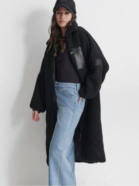 NWT DKNY Jeans Black Sherpa Contrast-Trim Zip-Front Long Coat, Sz M